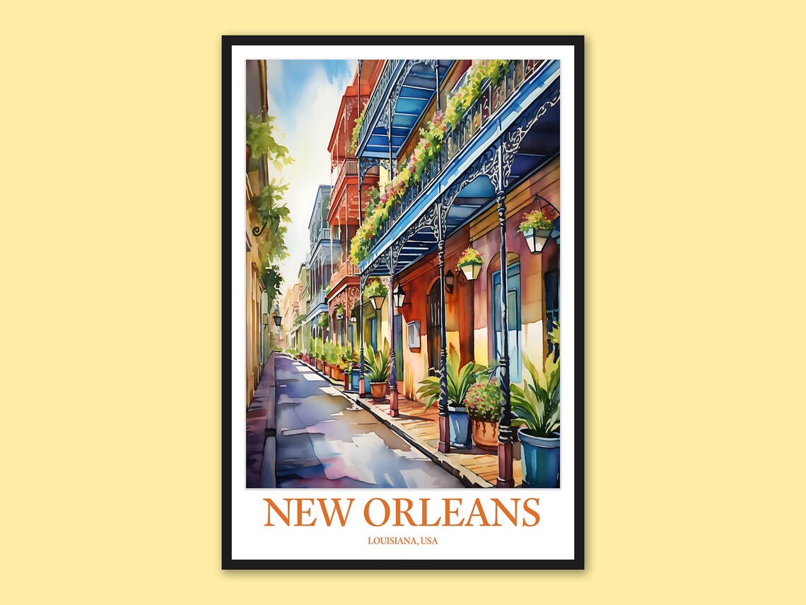 New Orleans French Quarter Colorful Balconies Watercolor Street Poster