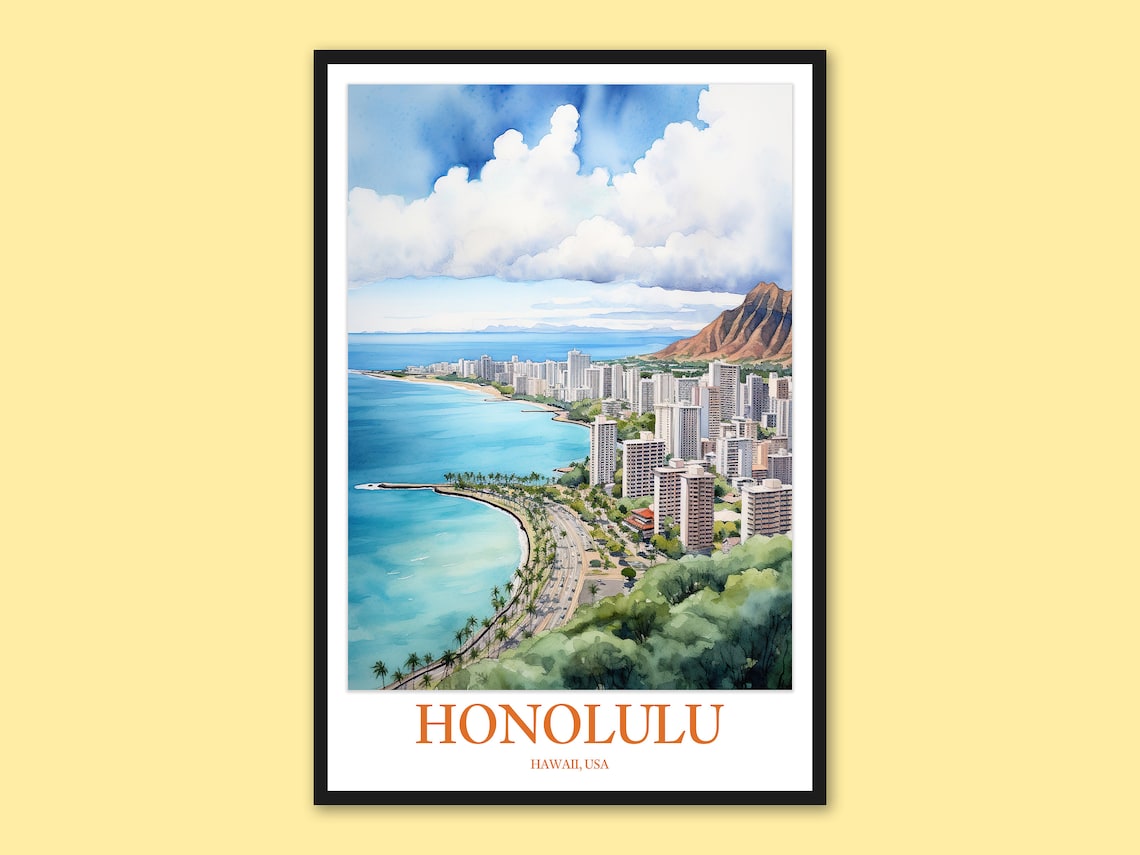 Honolulu Hawaii Watercolor Travel Poster Waikiki Beach With Diamond Head