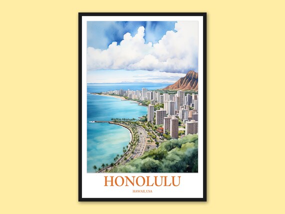 Honolulu Hawaii Watercolor Travel Poster Waikiki Beach With Diamond Head