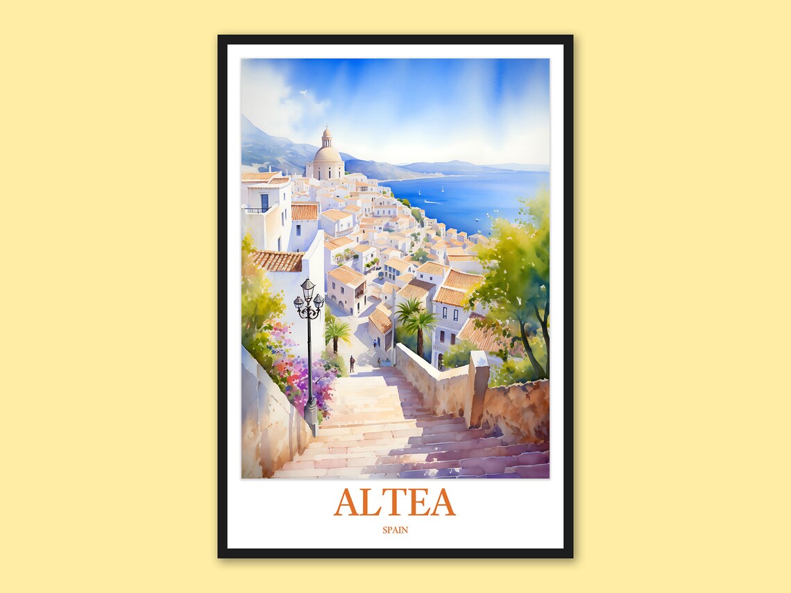 Altea Spain Old Town Watercolor Travel Poster Stone Steps to the Sea