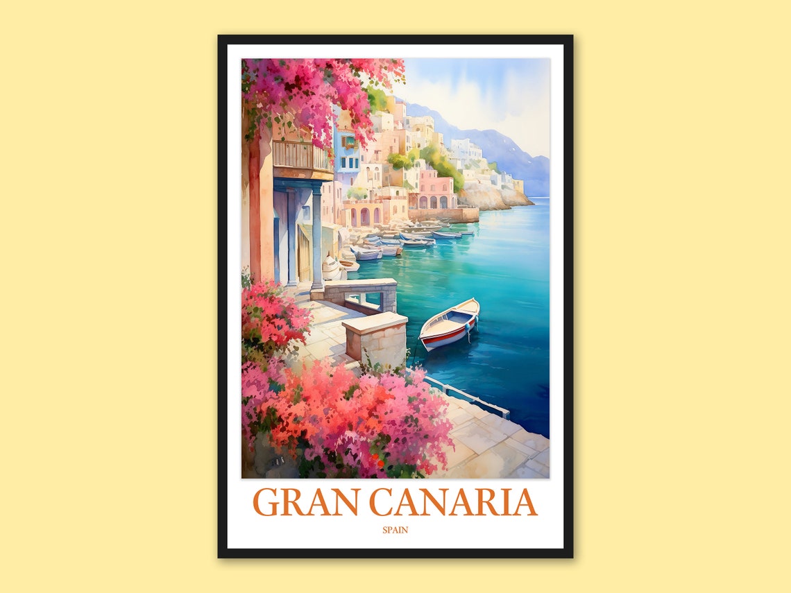 Gran Canaria Spain Seaside Village Colorful Harbor Travel Poster