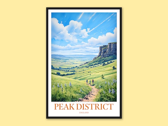 Peak District Green Hills and Crag Poster, England Summer Travel Art