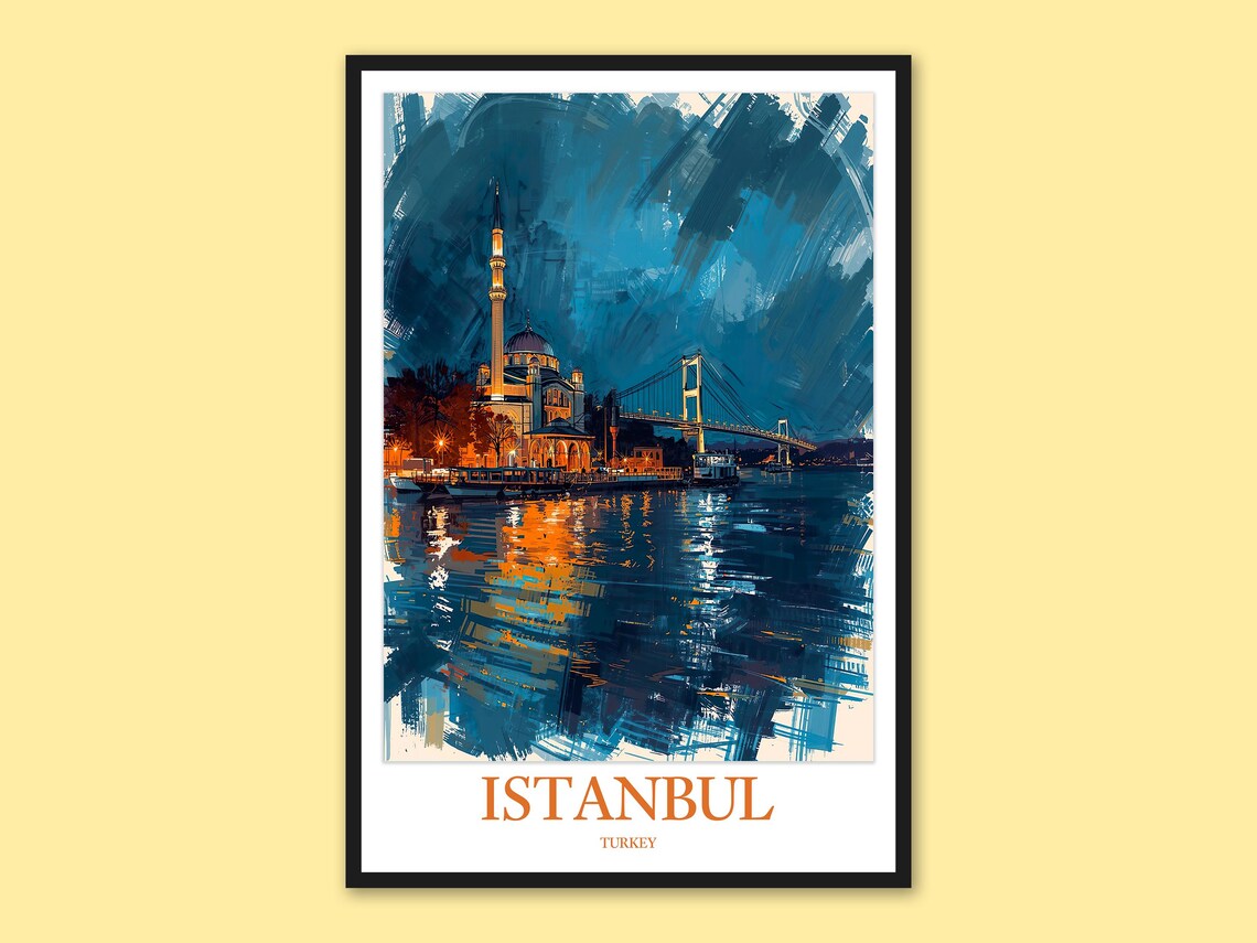 Istanbul Bosphorus Night Ortakoy Mosque Bridge Painting Poster