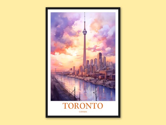 Toronto Canada CN Tower Sunset Skyline Watercolor Travel Poster