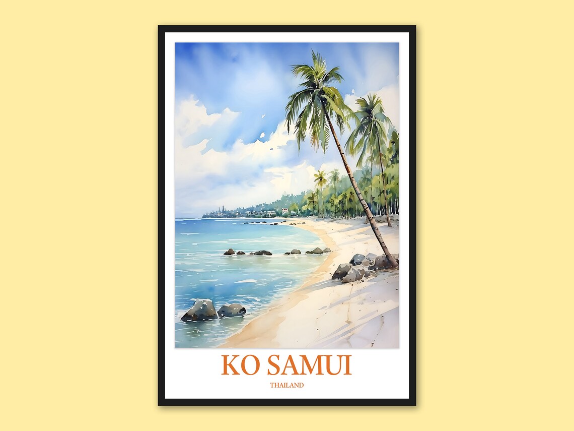 Ko Samui Thailand Palm Beach Turquoise Water Watercolor Travel Poster