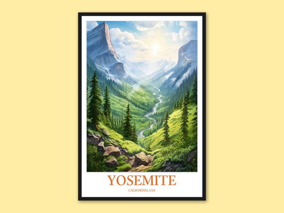 Yosemite Sunlit Green Valley River Granite Cliffs Travel Poster