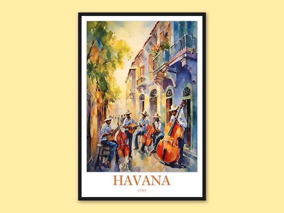 Havana Cuba Cello Players Sunlit Colonial Street Watercolor Poster