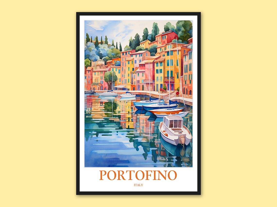 Portofino Italy Watercolor Harbor Poster with Colorful Houses