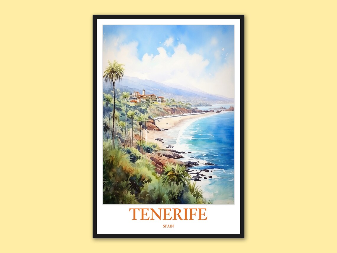 Tenerife Spain Coastal Watercolor Cliffs and Beach Travel Poster