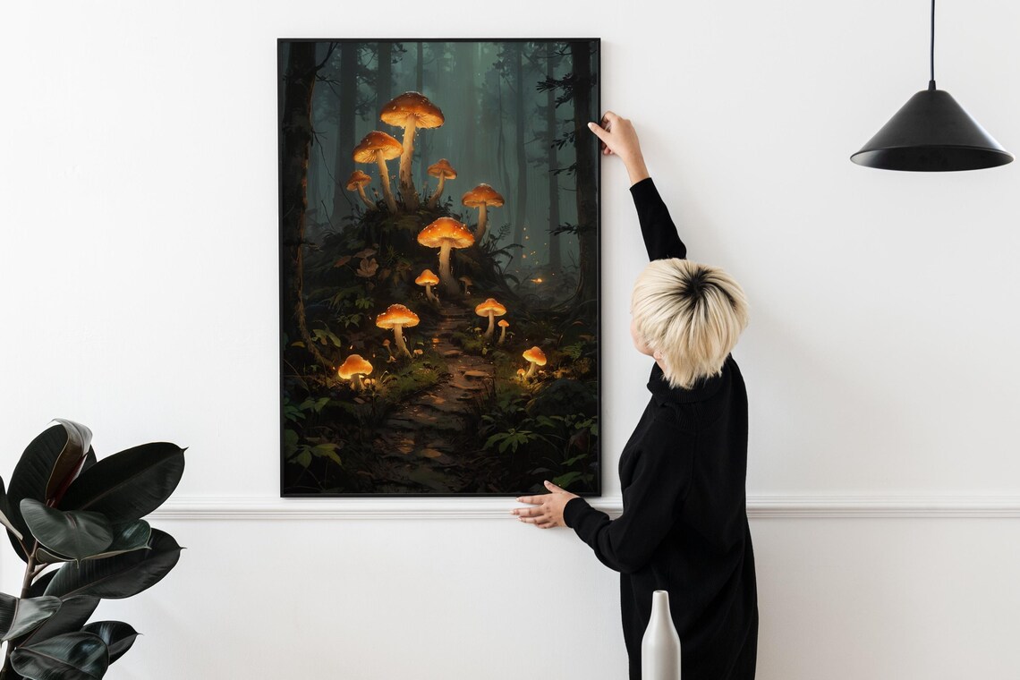 Enchanted Forest Glowing Orange Mushrooms Mystical Dark Woods Wall Art - Image 2