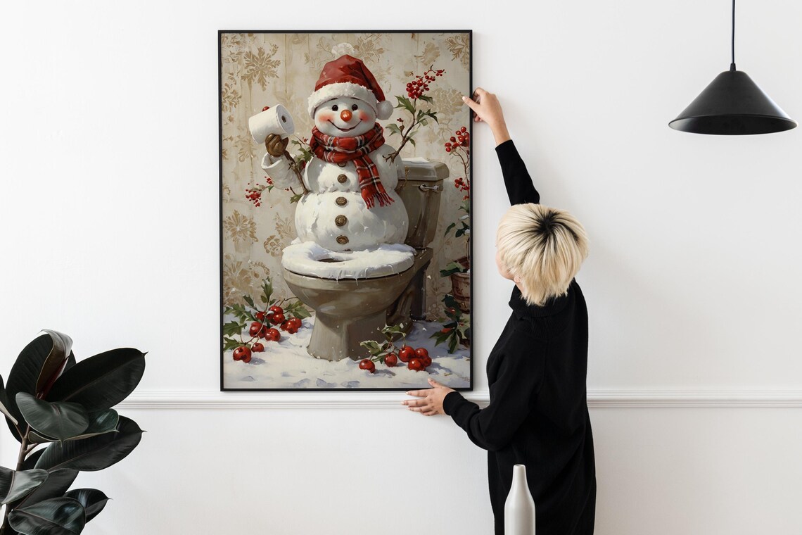 Snowman In Toilet Funny Bathroom Art Print - Image 2