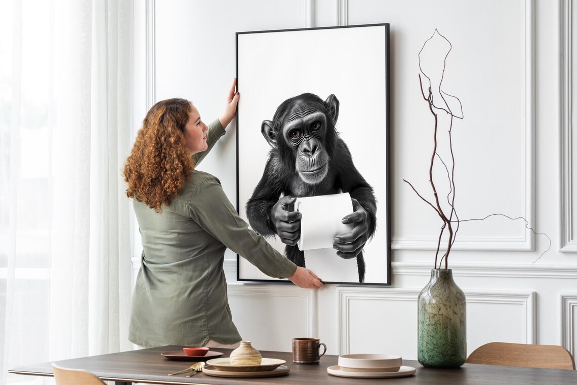 Chimpanzee Holding Toilet Paper Black And White Funny Bathroom Poster - Image 4