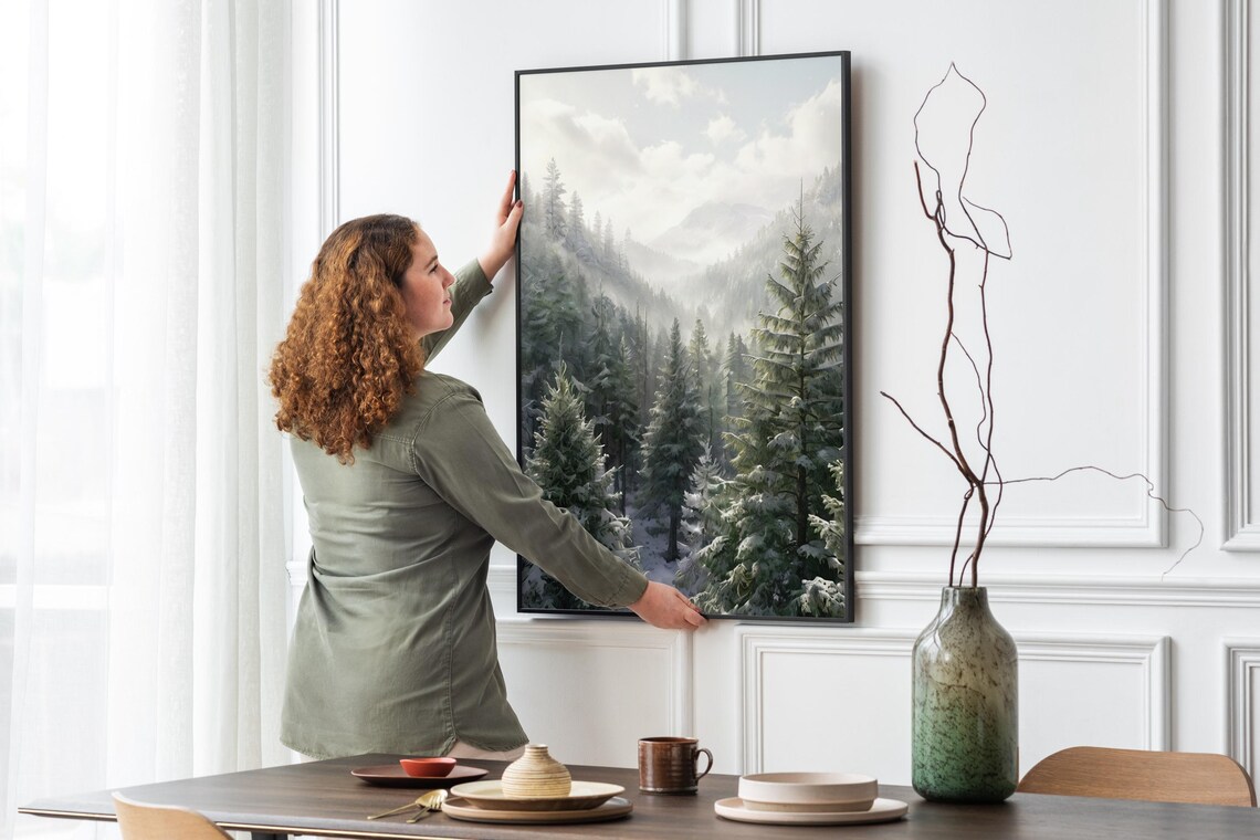 Snow Covered Pine Forest with Misty Mountains Winter Landscape Wall Poster - Image 5
