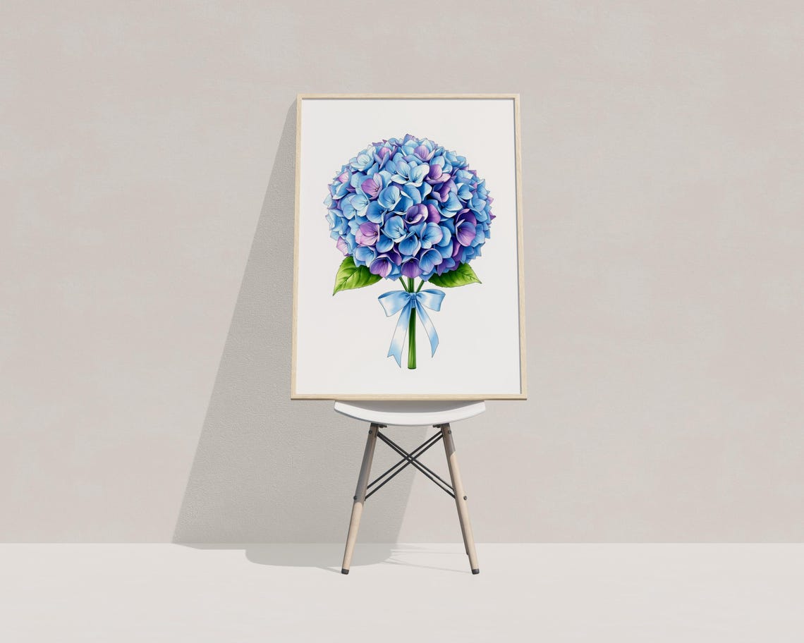 Blue Purple Hydrangea Bouquet Ribbon Bow Watercolor Floral Poster - Image 3