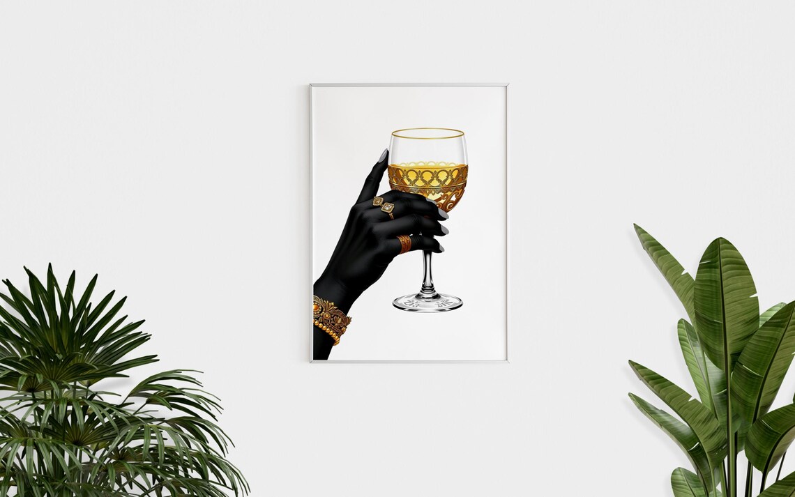 Elegant Hand Gold Wine Glass Rings Jewelry Fashion Illustration Poster - Image 2