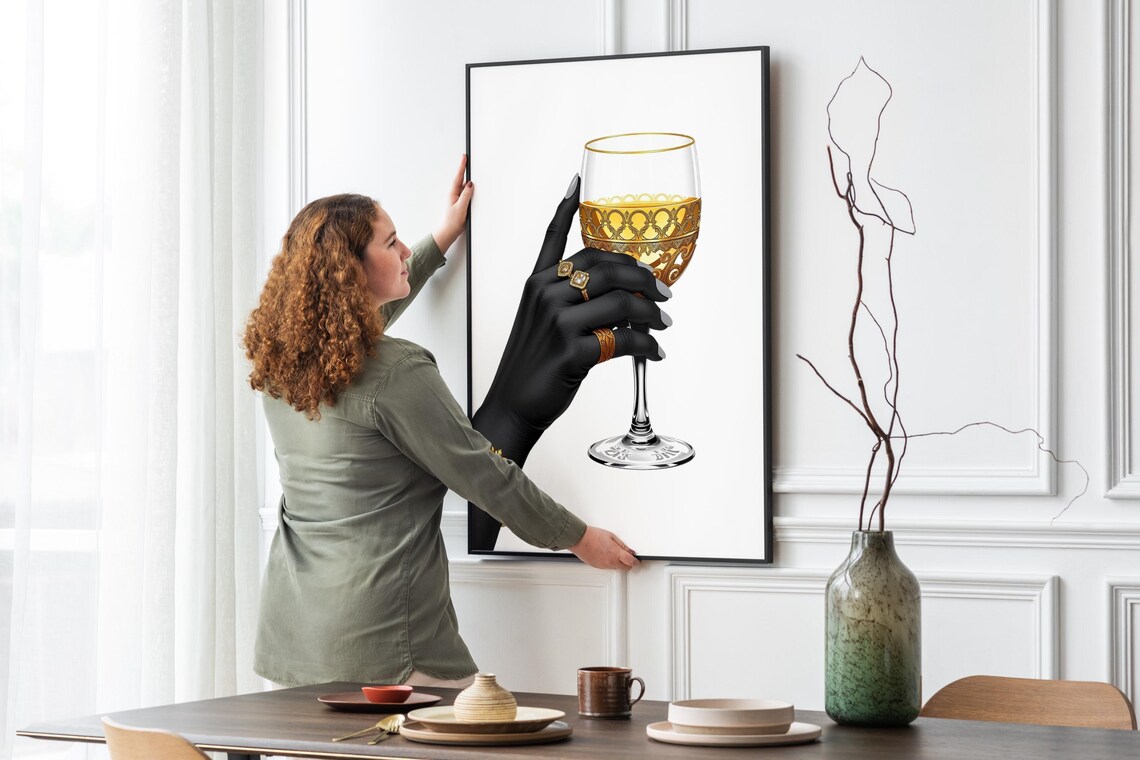 Elegant Hand Gold Wine Glass Rings Jewelry Fashion Illustration Poster - Image 4