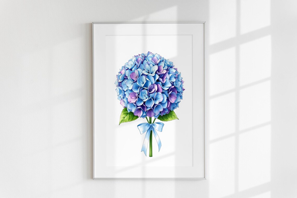 Blue Purple Hydrangea Bouquet Ribbon Bow Watercolor Floral Poster - Image 6