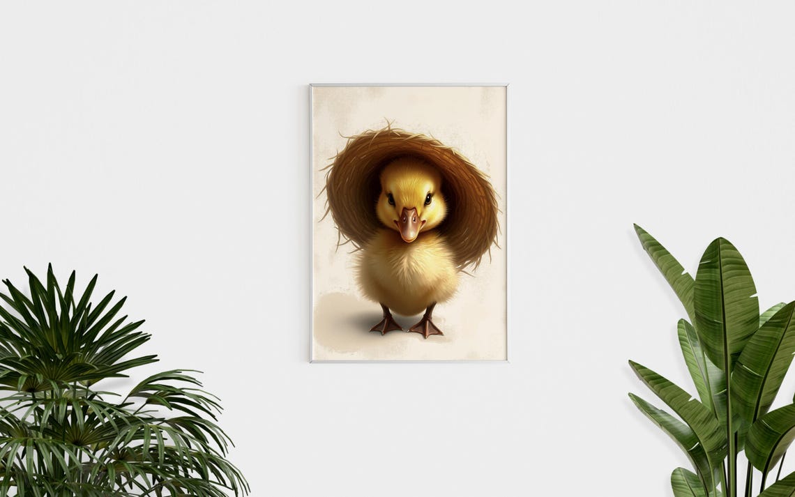 Cute Baby Duck Wearing Straw Hat Nursery Farmhouse Wall Art Print - Image 2