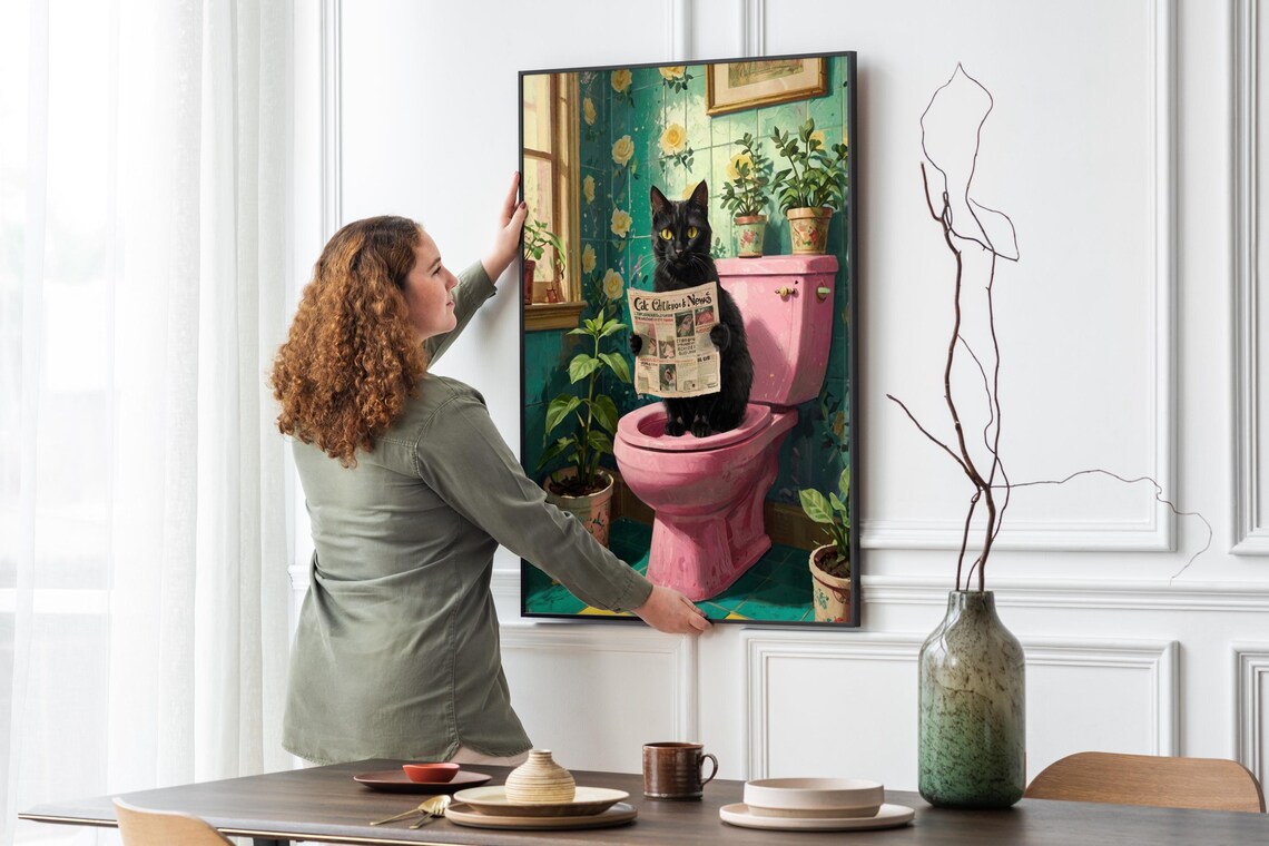Black Cat Reading Newspaper on Pink Toilet Funny Bathroom Cat Wall Art - Image 5