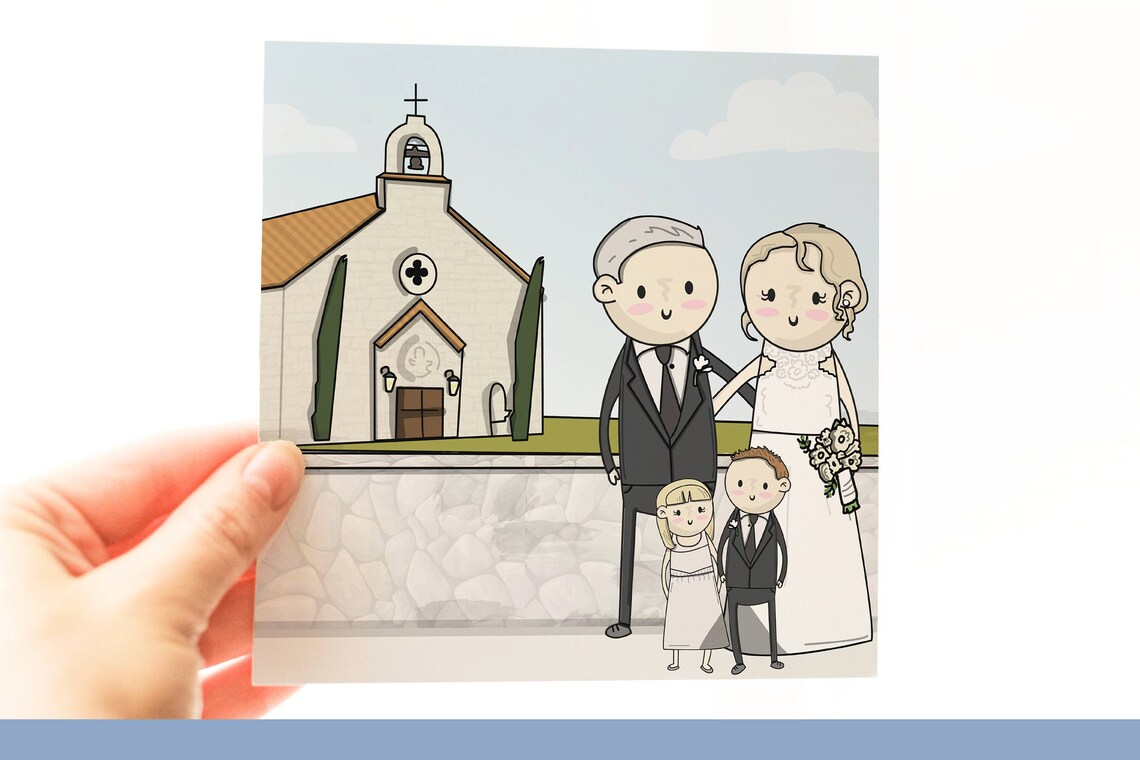 Custom Cartoon Wedding Portrait With Couple and Kids at Chapel Poster