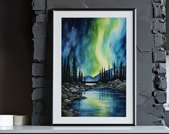 Northern Lights Aurora Pine Forest Lake Watercolor Night Sky Poster