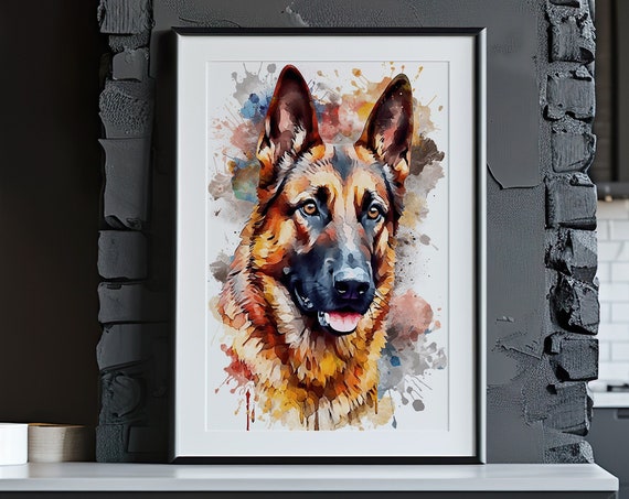 German Shepherd Painting Wall Art Poster Gift Watercolor Colorful Animal Painting Illustration Wall Art Home Decor Print