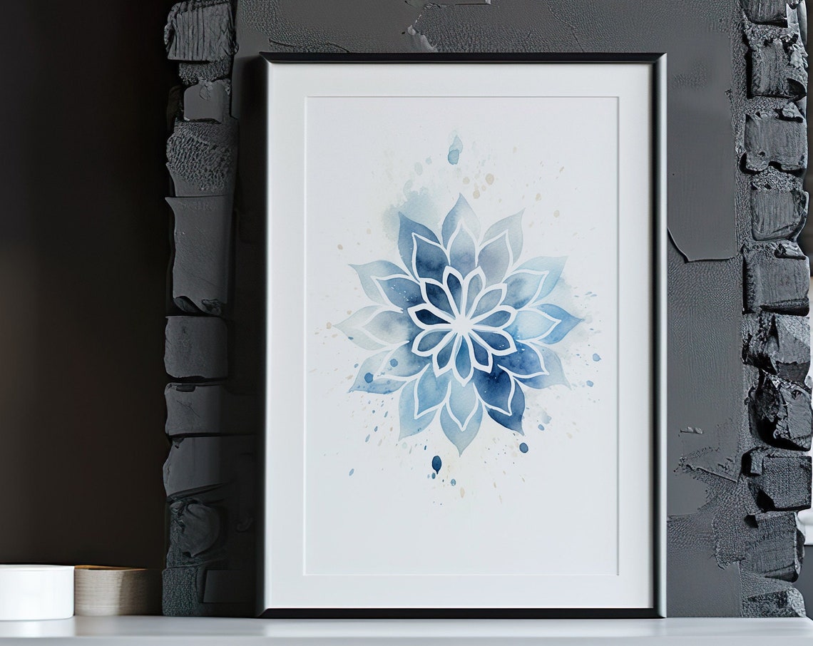 Blue Lotus Mandala Watercolor White Line Yoga Zen Wall Poster - Image 4
