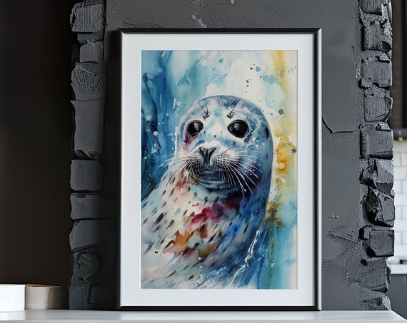 Seal Painting Wall Art Poster Gift Watercolor Colorful Animal Painting Illustration Nature Wall Art Home Decor Print