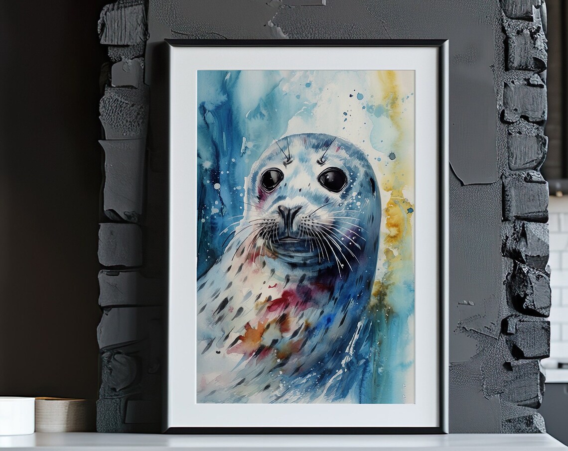 Seal Colorful Watercolor Portrait Pup Blue Splash Marine Art Poster