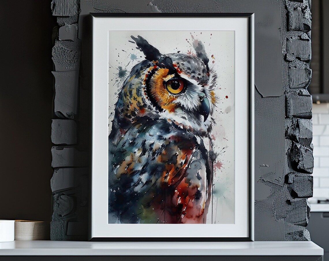 Great Horned Owl Watercolor Portrait Night Bird Animal Art Poster