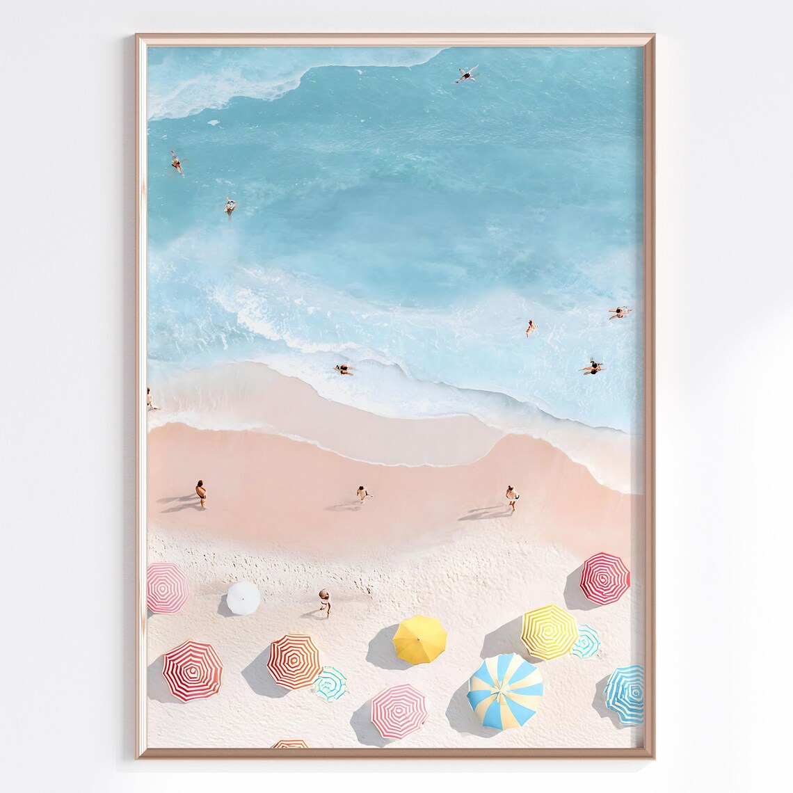 Aerial Beach Photography Swimmers and Colorful Striped Umbrellas Poster