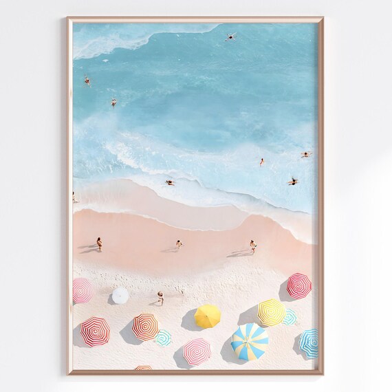 Aerial Beach Photography Swimmers and Colorful Striped Umbrellas Poster