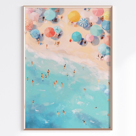Painted Aerial Beach Scene Swimmers Colorful Umbrellas Summer Crowd Poster