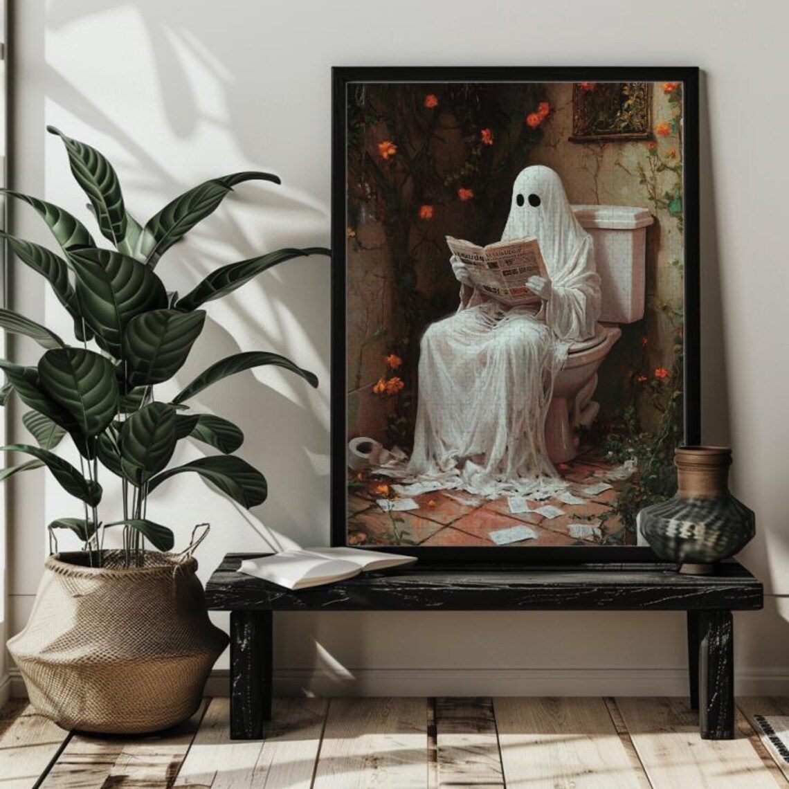 Ghost Reading Newspaper On Toilet Halloween Art Print - Image 4
