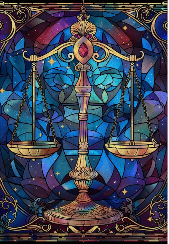 Golden Libra Scales Stained Glass Zodiac Starry Night Art Poster