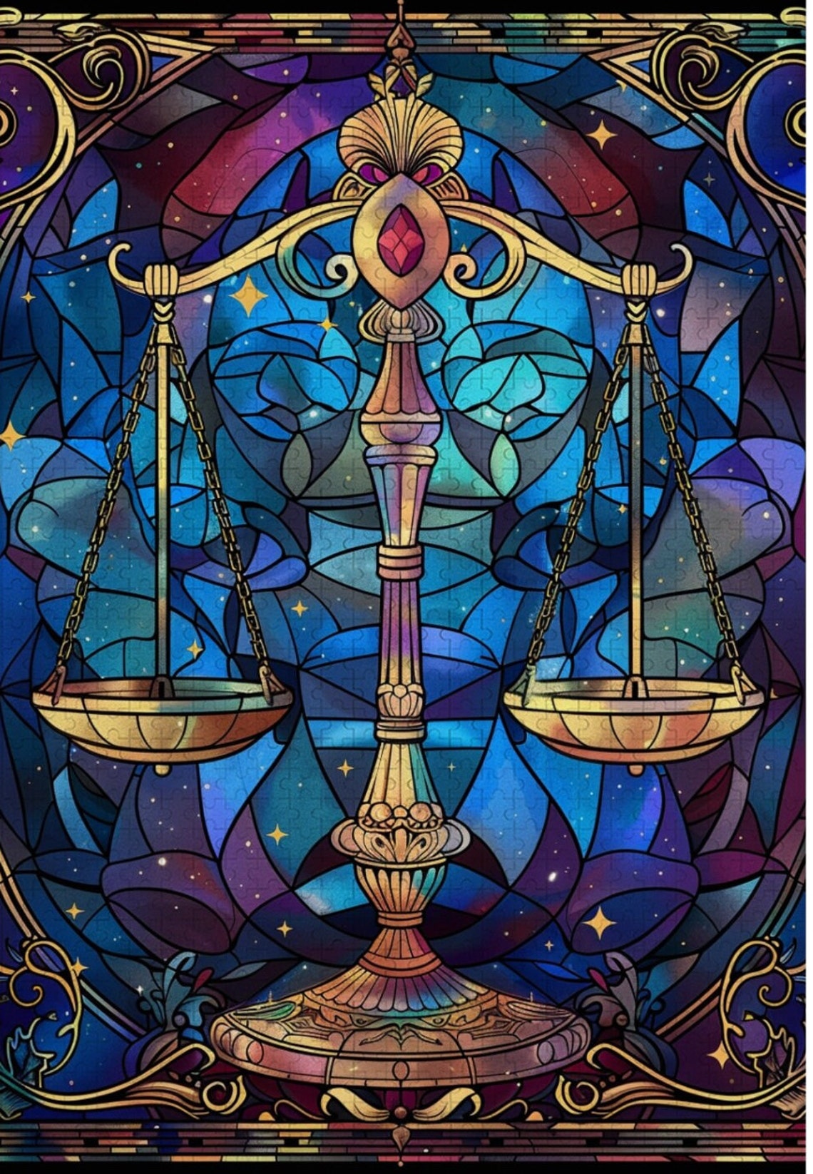 Golden Libra Scales Stained Glass Zodiac Starry Night Art Poster