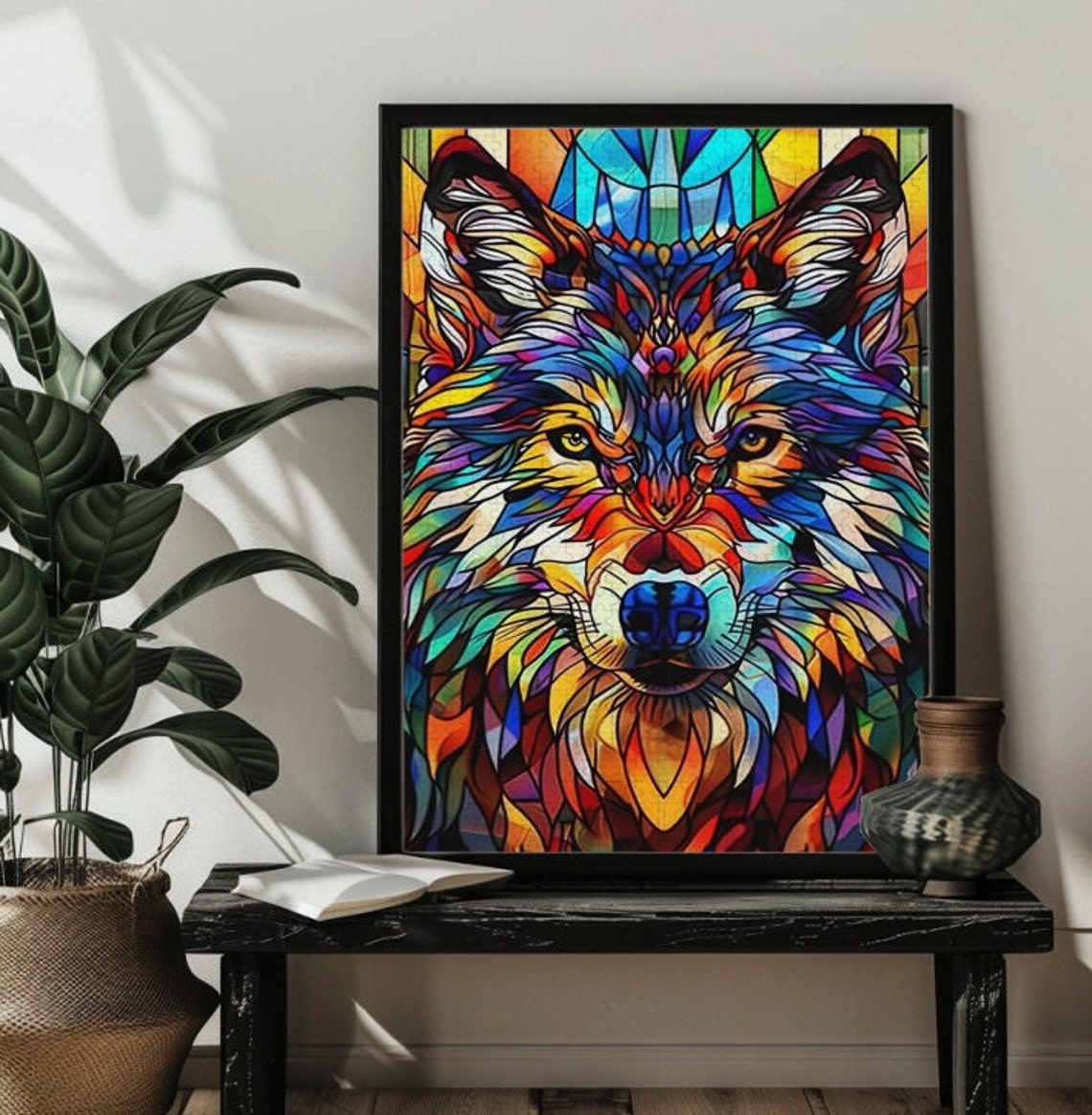 Majestic Stained Glass Wolf Portrait with Roses and Arch Poster - Image 3