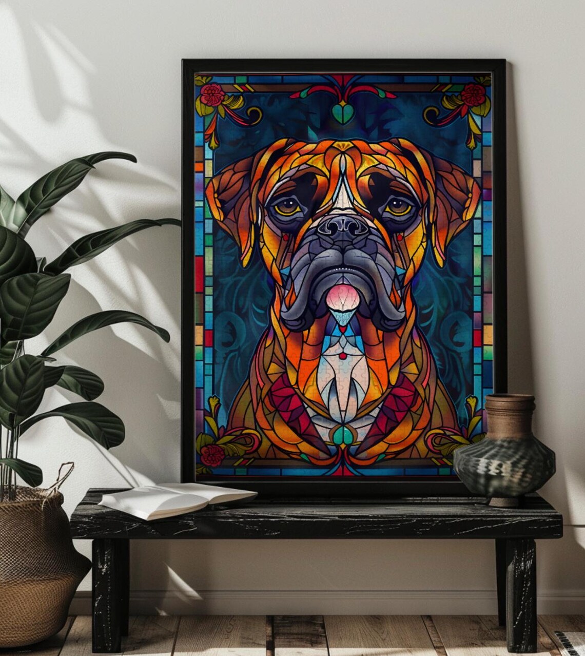 Stained Glass Boxer Dog Portrait with Roses Dog Lover Poster - Image 4