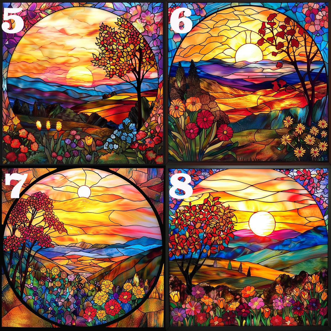 Stained Glass Sunset Over Rolling Hills Floral Window Art Poster - Image 4