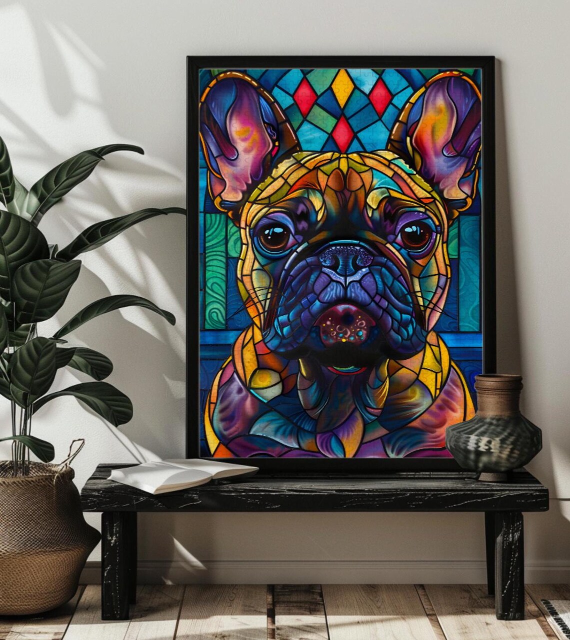 Stained Glass French Bulldog Portrait Green Leaves Art Poster - Image 3