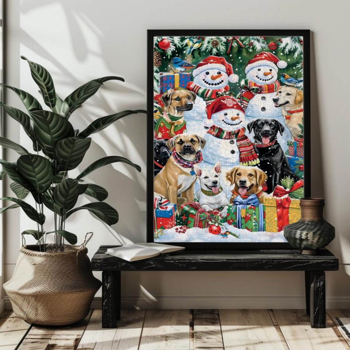 Happy Dogs With Snowmen Christmas Gifts Holiday Puppy Art Poster - Image 4