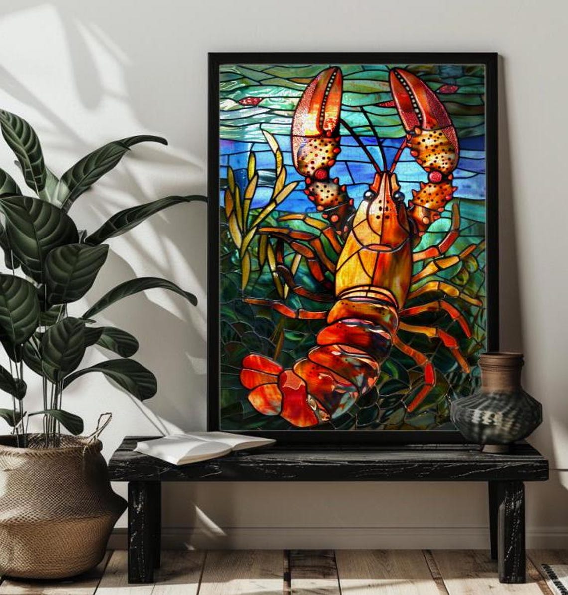 Bold Red Lobster in a Stained Glass Underwater Coastal Scene Poster