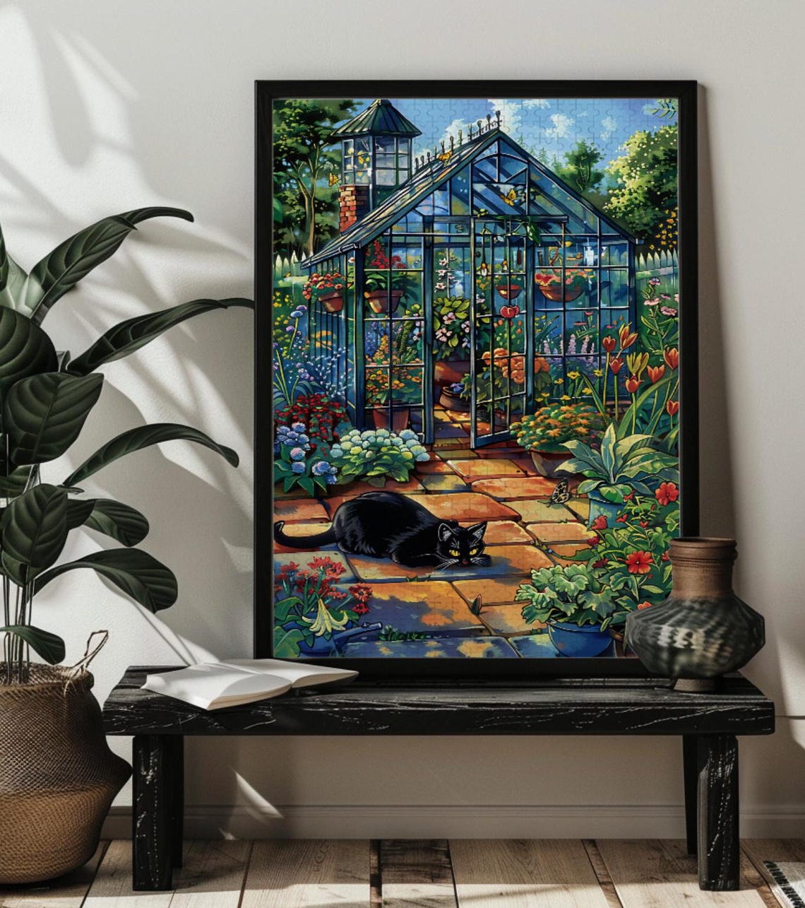 Black Cat Resting among Flowers in a Sunlit Glass Greenhouse Poster