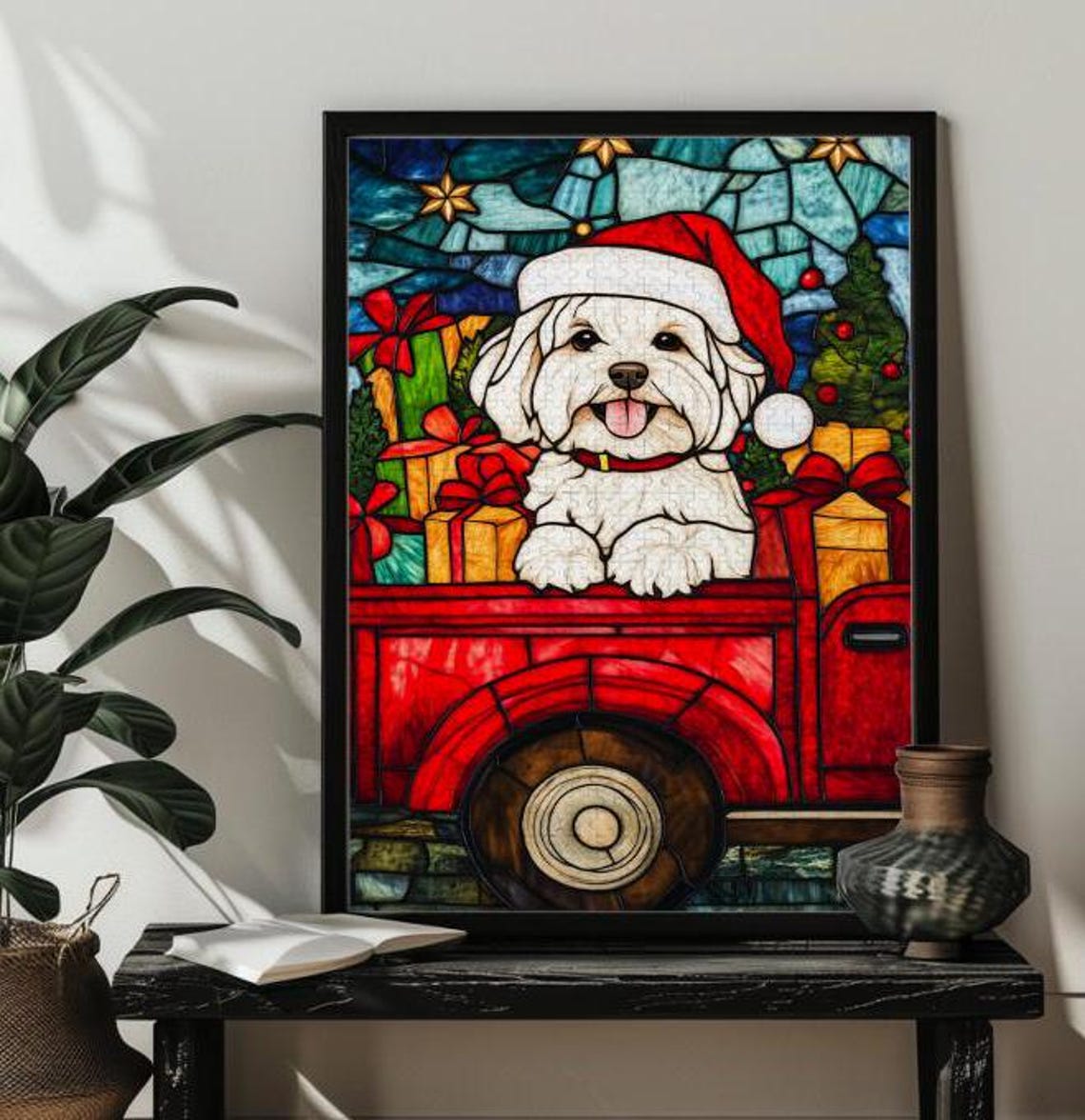 Havanese Dog in Santa Hat Red Pickup Truck Christmas Gift Poster - Image 4