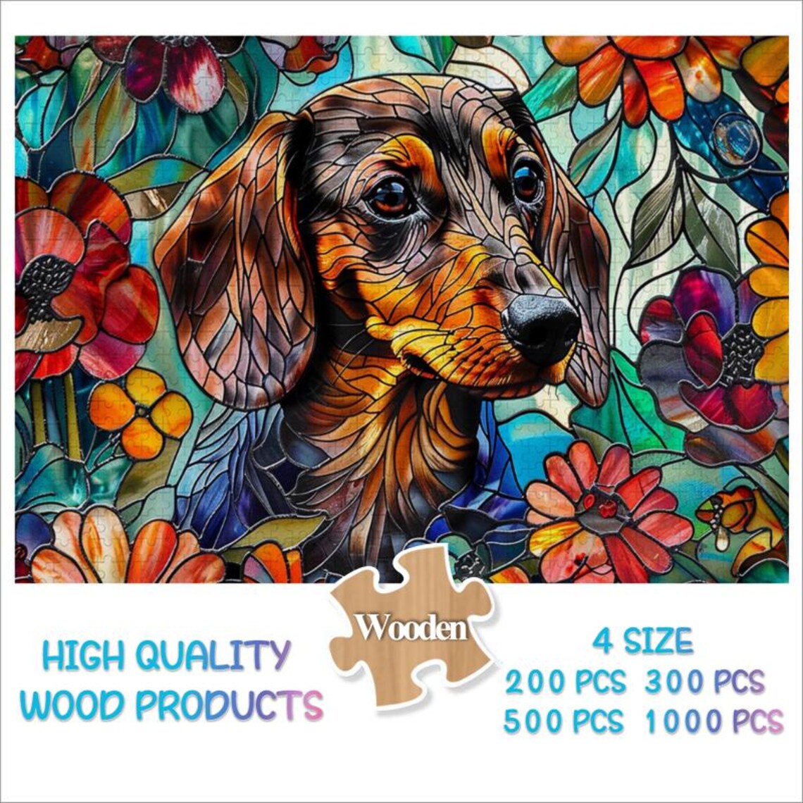 Stained Glass Dachshund Jigsaw Puzzles3005001000 Wood Dog Puzzle Decor Art Dachshund Family Puzzle Dachshund Weiner Art Dog Lovers Gift