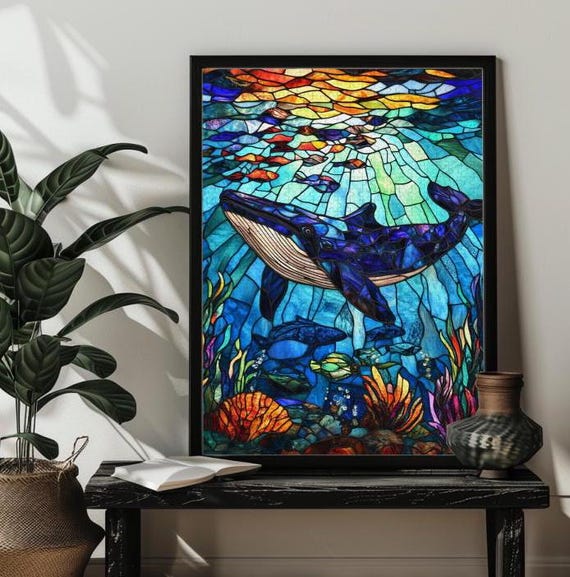 Stained Glass Whale Puzzle Art, Ocean Wall Decor