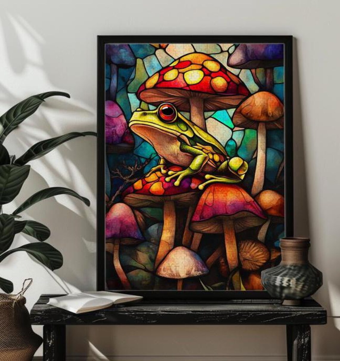 Stained Glass Frog Mushroom Art Puzzle, Green Frog