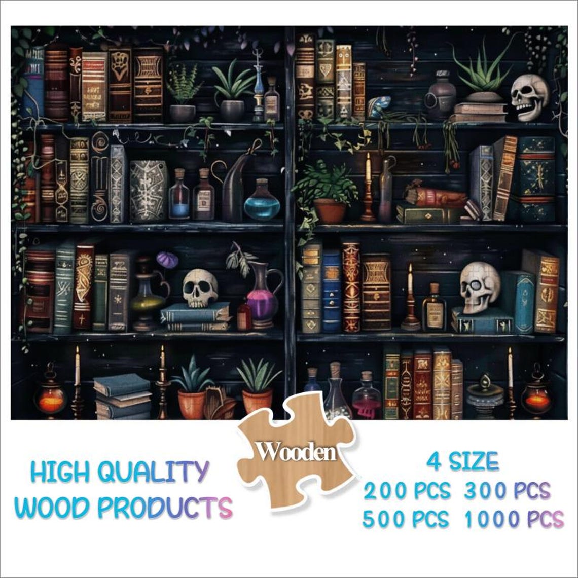 Spooky Halloween Bookshelf with Spell Bottles and Skulls Poster - Image 2