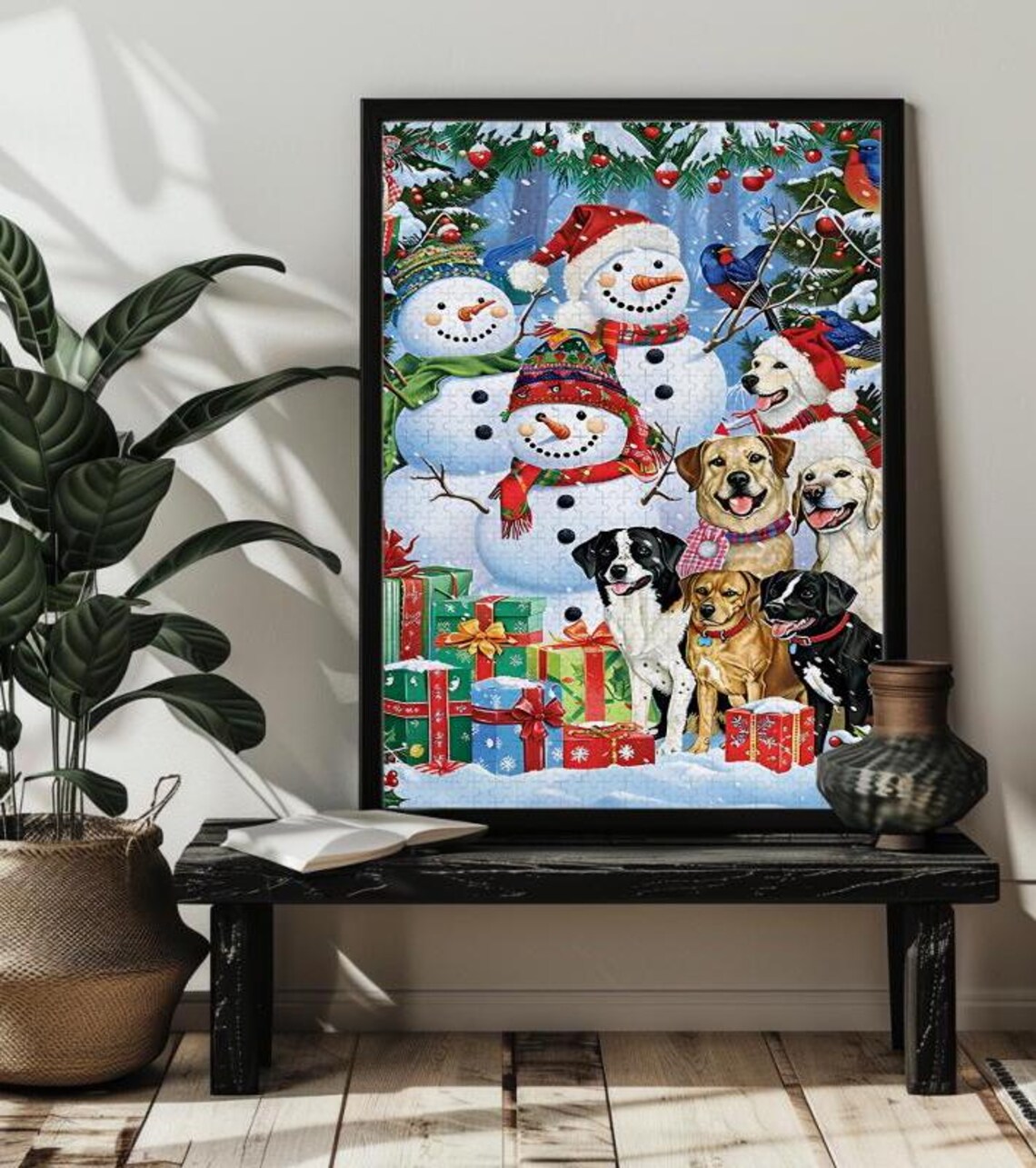 Happy Dogs With Snowmen Christmas Gifts Holiday Puppy Art Poster - Image 3