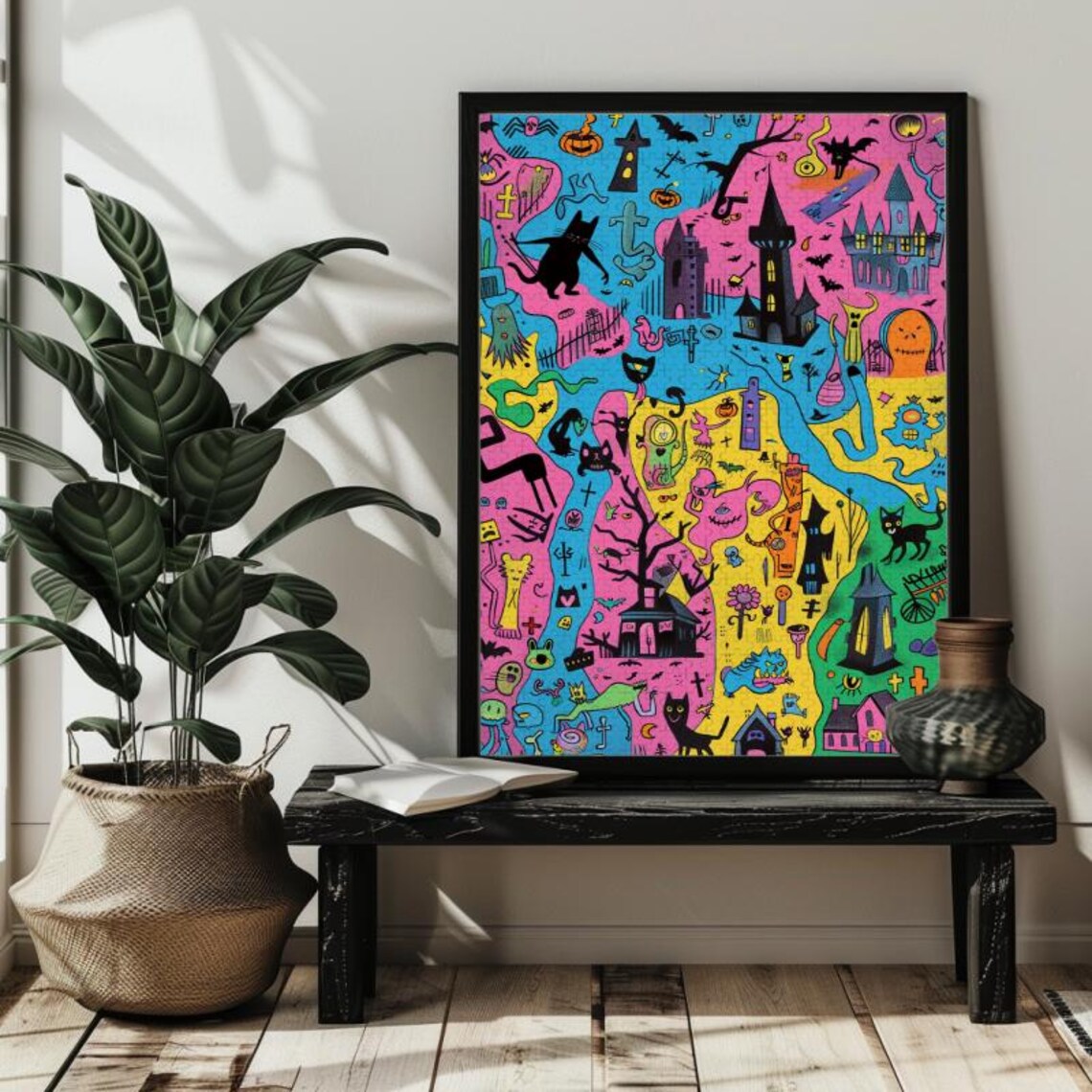 Halloween Town Doodle Map Black Cats Ghosts Cartoon Art Poster - Image 3